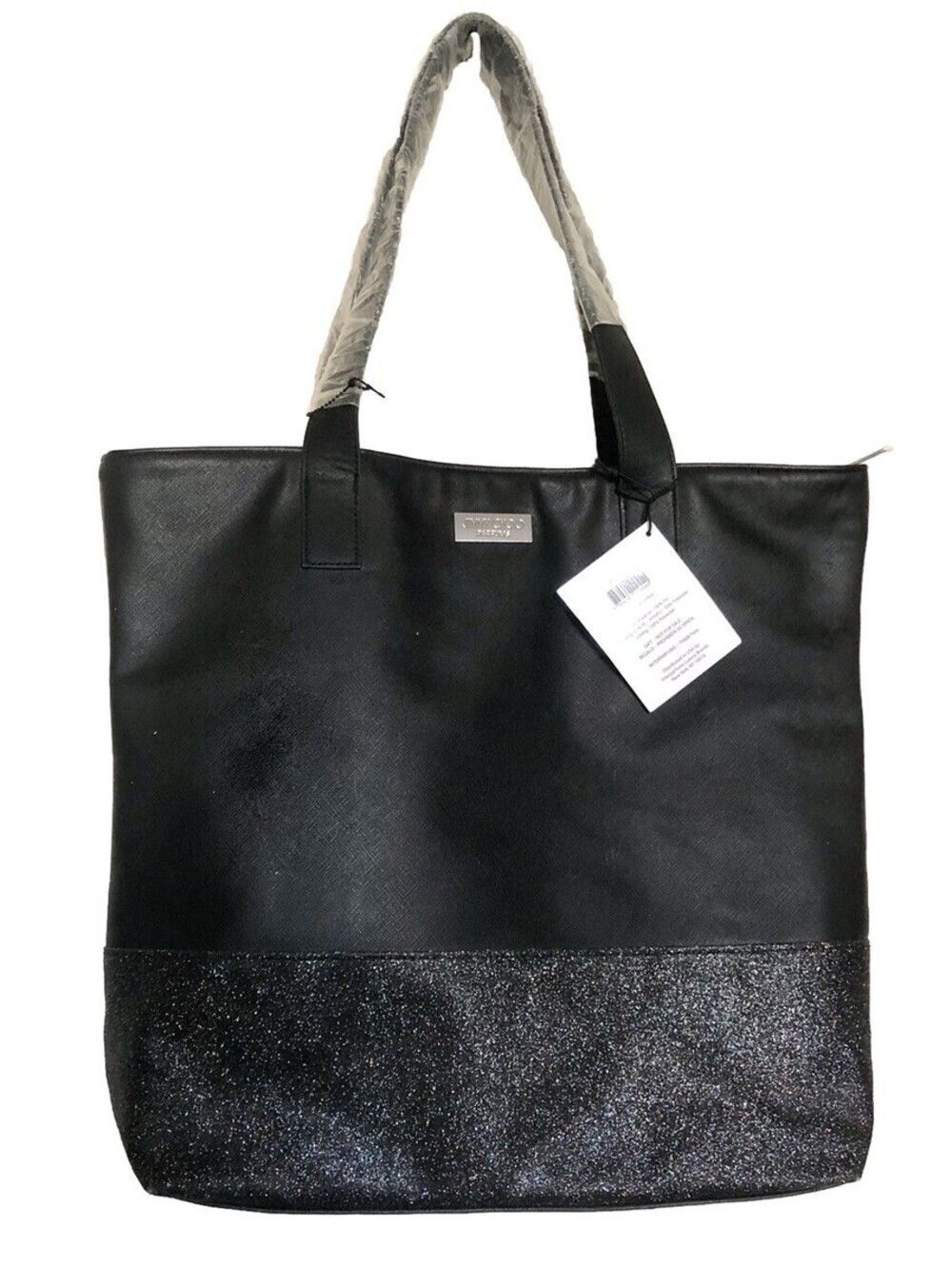 Jimmy Choo Parfums Black and Glitter Strip Zippered Tote Bag Large NWT